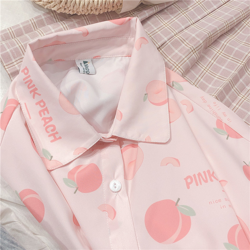 Summer Women Japanese Cute Fruit print Small fresh Blouse Young Girl Student Vintage Harajuku Short sleeve Shirt Tops Mori Girl 210225