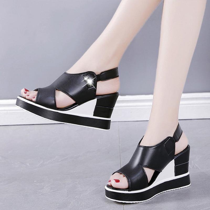 Summer Shoes Ladies Wedge Peep Toe Sandals 2021 New Platform Height Increasing Leather Non Slip Sole Women Fashion Casual Sandal