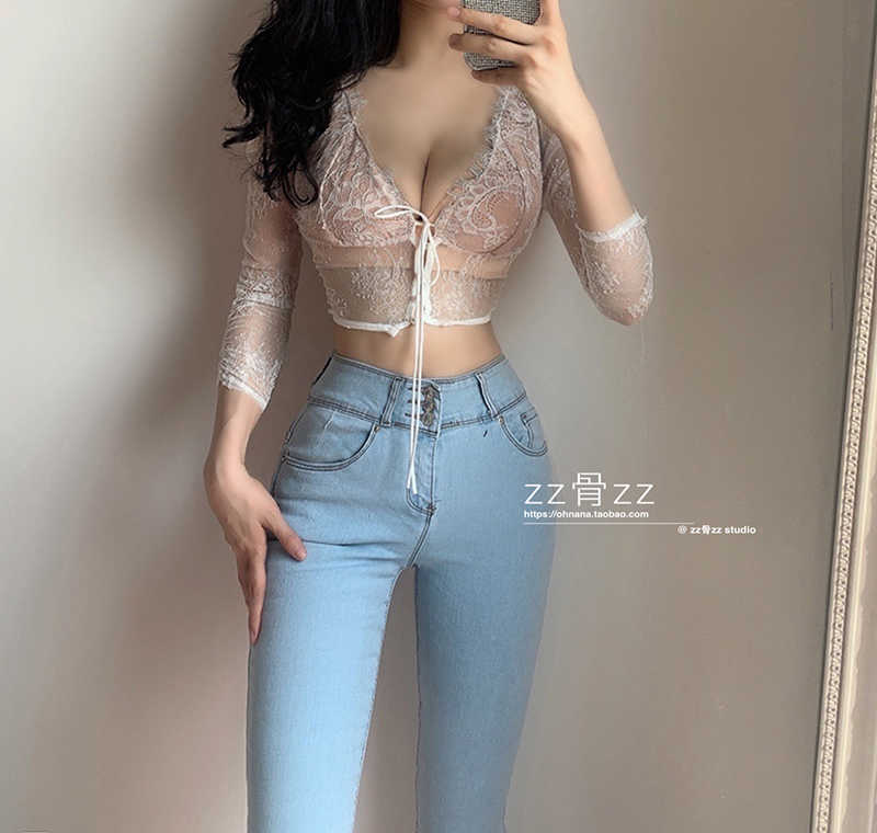WOMENGAGA Sexy Skinny Light Blue Jeans Female Lady Denim Pants Stretch Button Peach Breech Legging Europe Korea W44Z 210603