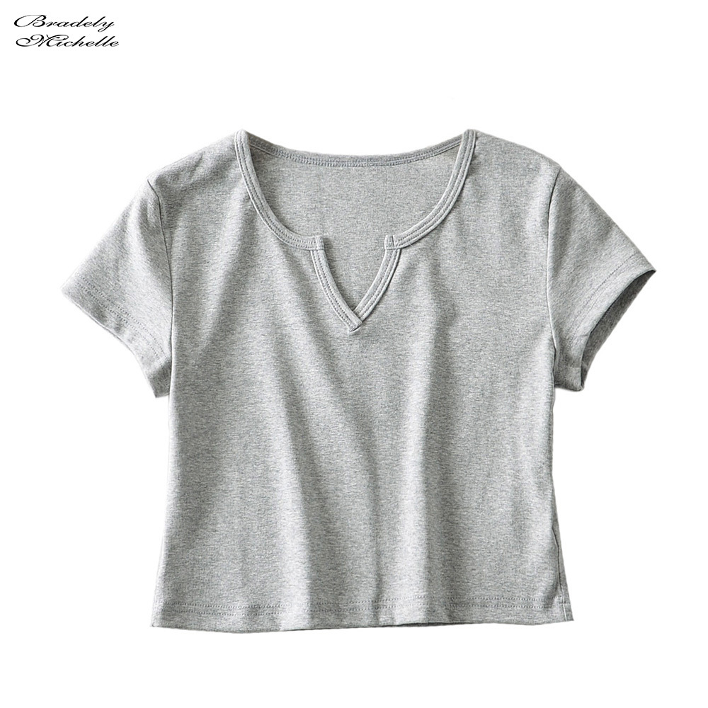Bradely Michelle Summer women casual basic crop top high-quality Elastic solid cotton short sleeve v-neck harajuku t shirt 210306