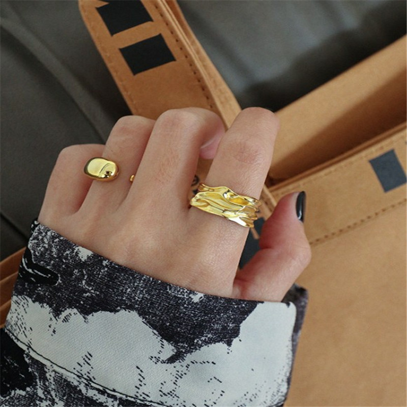 100% 925 Sterling Silver Irregular Rings For Women New Wide Surface Geometric Open Ring Adjustable anillos