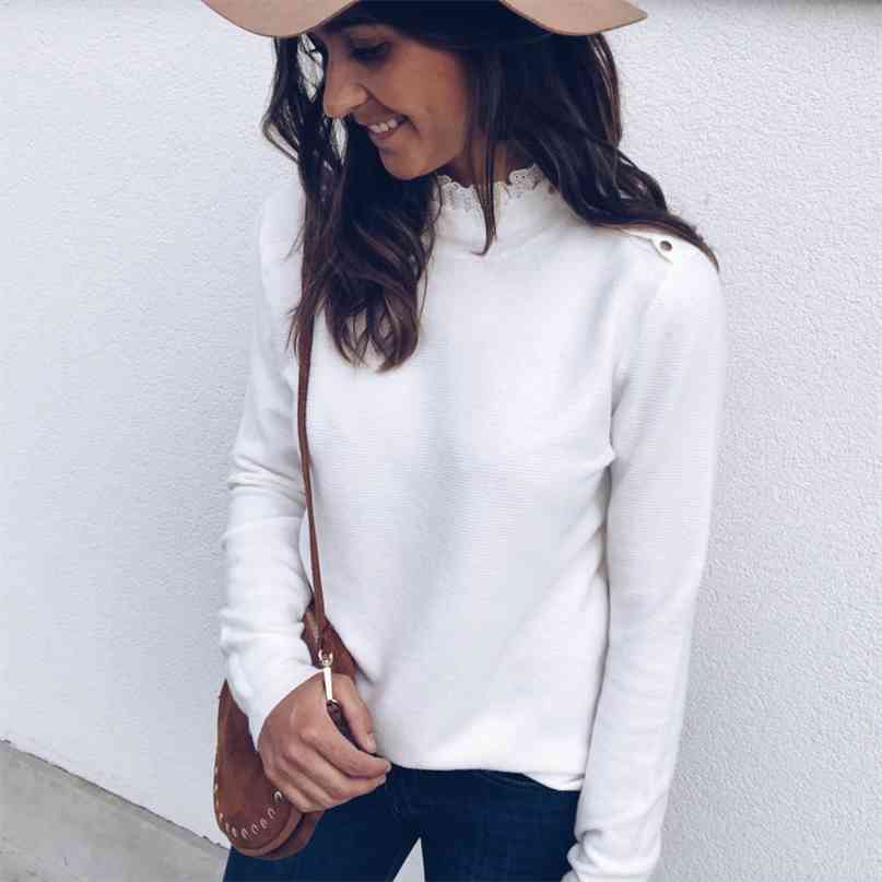 Autumn Fashion Solid Blouse Women Knitted Top Lace High Neck Button Long Sleeve Pullover female Ladies Tops Tunics 210607, White
Autumn Fashion Solid Blouse Women Knitted Top Lace High Neck Button Long Sleeve Pullover female Ladies Tops Tunics 210607, White