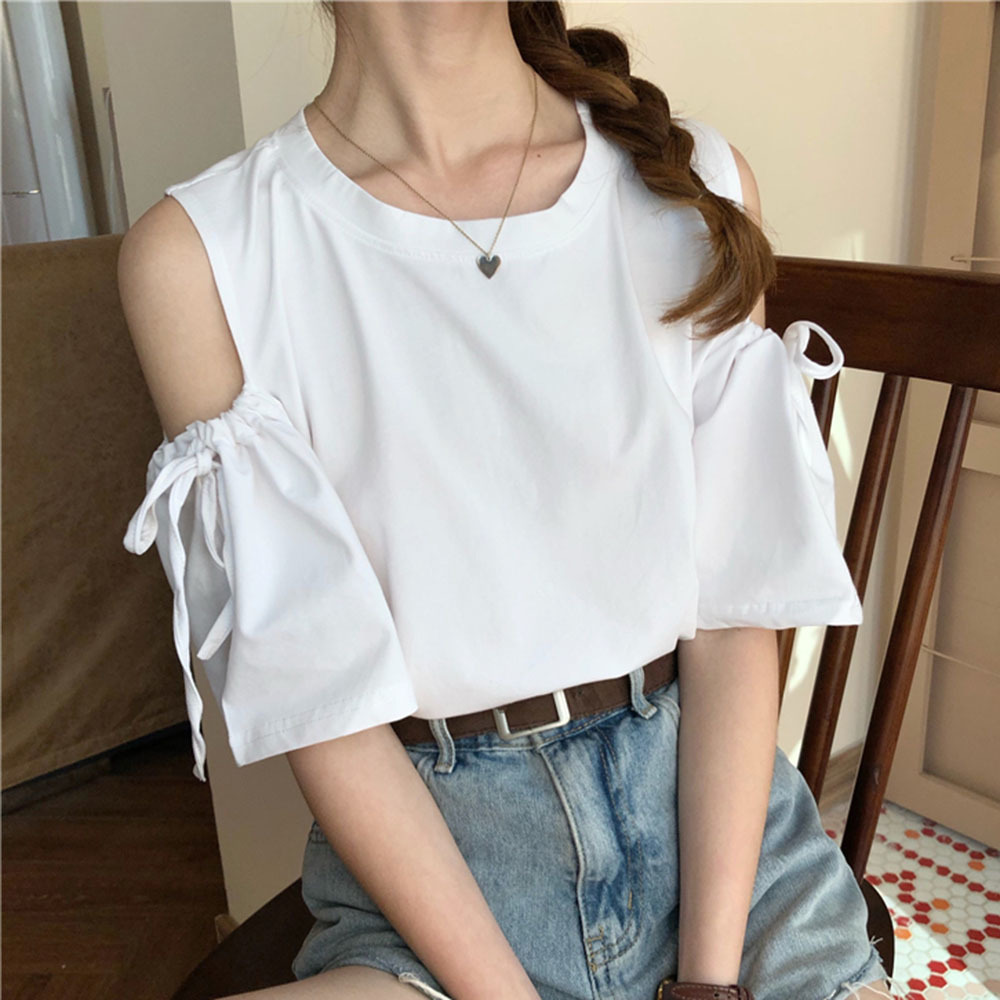 Summer White Cold Shoulder T Shirts Women Casual Cute Half Sleeve Top Tees Kawaii Ladies Solid Japan Korean Tshirt Woman Loose T200614