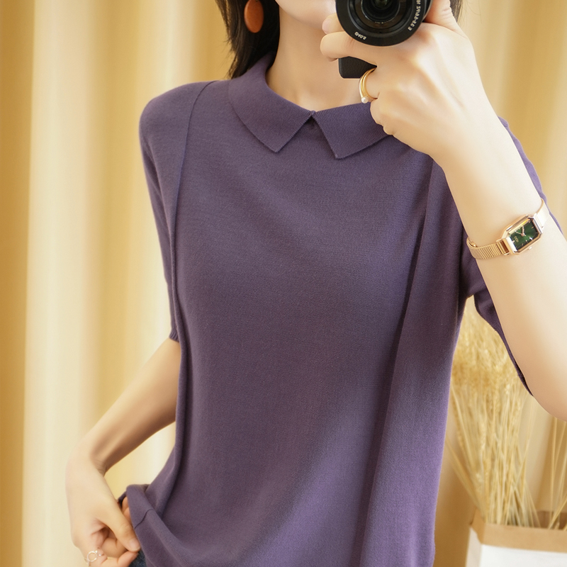 Summer New Short-sleeved Woman Doll Collar Pullover Vest Slim Fashion Knitted Bottoming T-Shirt Short Sleeve Large Size 210306