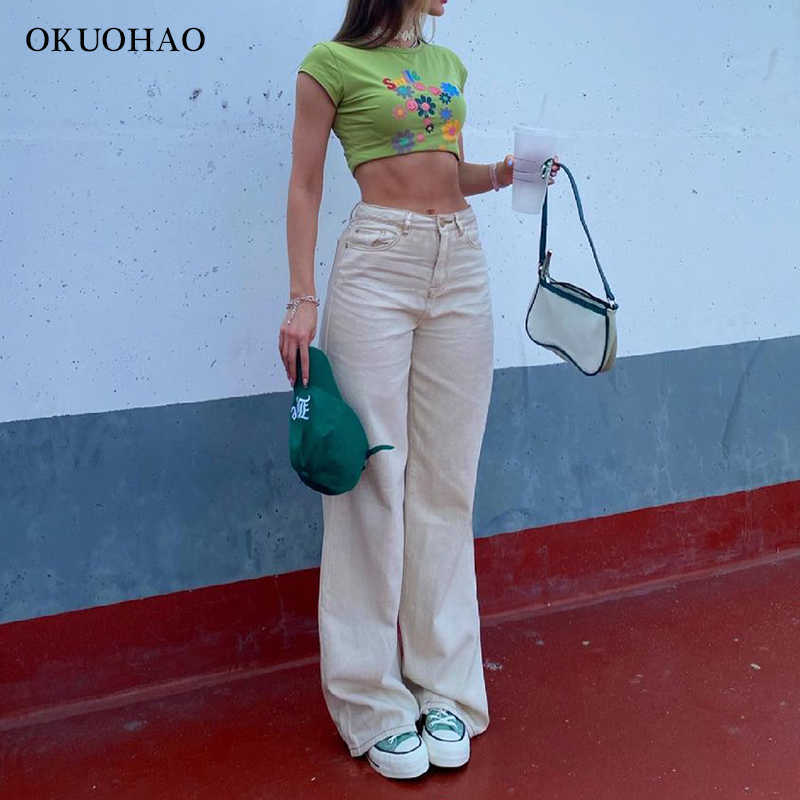 Straight Leg Beige Jean Pants Women Fashion Wide Mom Y2K Pant Summer Classic Streetwear Baggy Trousers High Waist Loose 210922