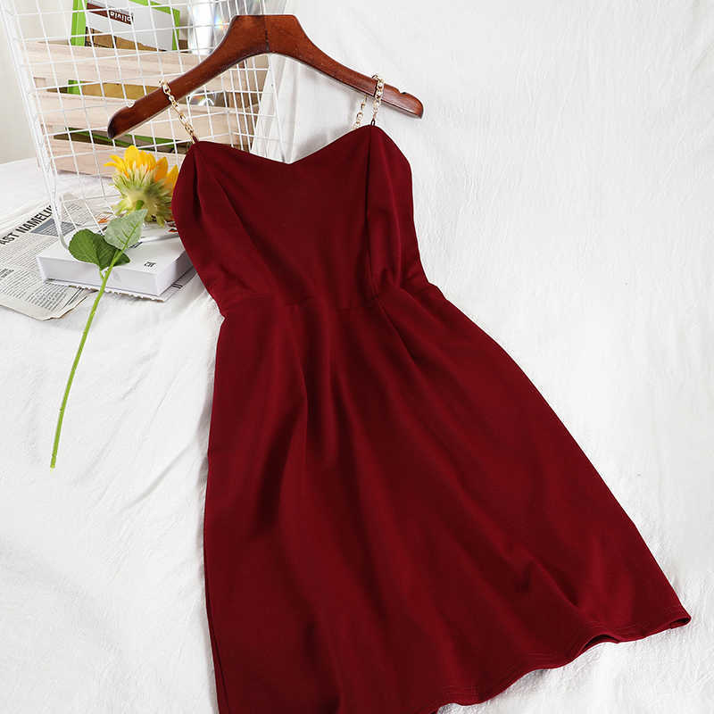 DEAT Women Slim Sling Dress Solid Color Sleeveless V-neck Backless Temperament Fashion Spring Summer MZ994 210709