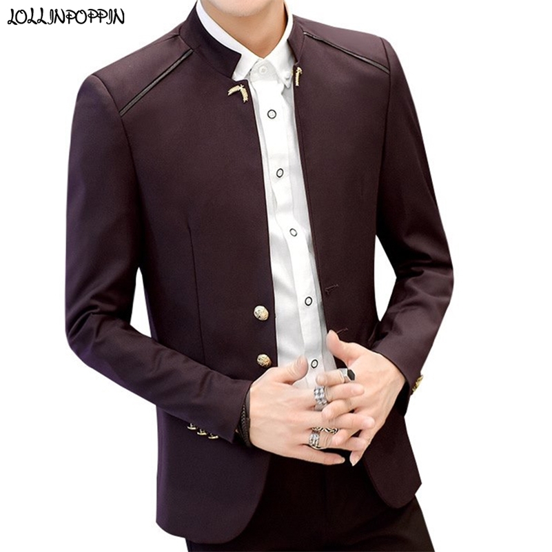 Stand Collar Men Casual Blazers Three-Buttons Suit Jacket Wheat Stalks Embellished Spring Mens Chinese Style Blazer 211120