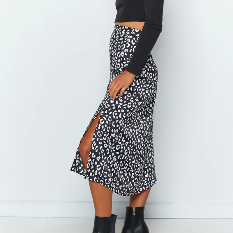 Summer women vintage elegant beach midi boho skirt Women Leopard print split sexy zip skirts womens Casual skirts female 210306