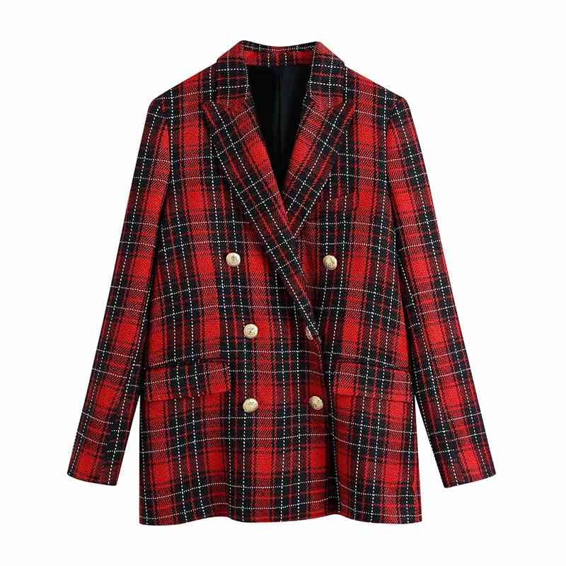 Women's Suits & Blazers Women Fashion Double Breasted Long Sleeve Za Loose Blazer Outwear Female S pring Stylish Red Plaid Casual
