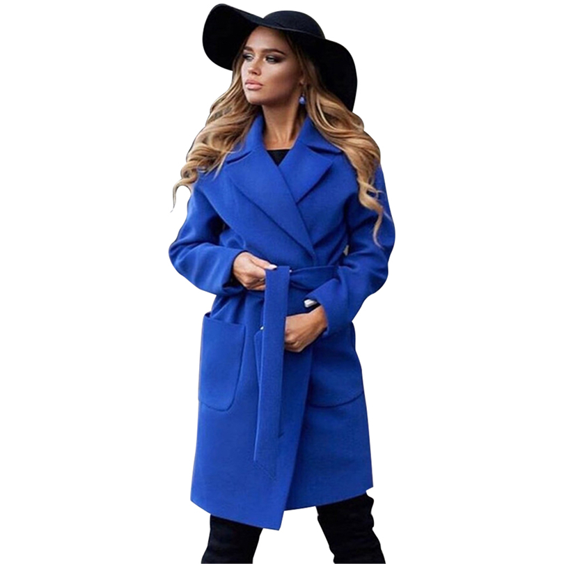 TAOVK Women's Jackets & Coats Medium-long Belt Wool & Blends Coat Turn-down Collar Solid Color Pockets Parka 210218