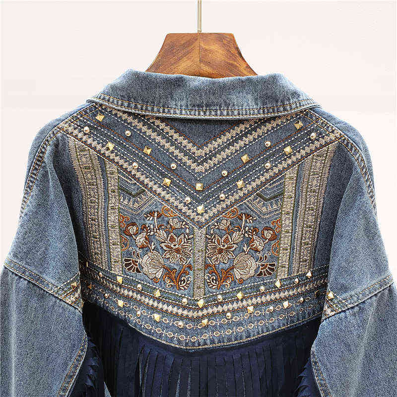 Denim Jacket Korean Floral Embroidery Suede Fringe Loose Chaquetas Mujer Coat Long Sleeve Outerwear Jacket Women Veste Femme 211117
