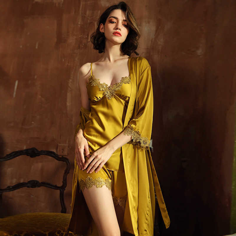 Elegant Lace 5-Piece Pamas Set for Women - Stain Faux Silk Sexy Sleepwear