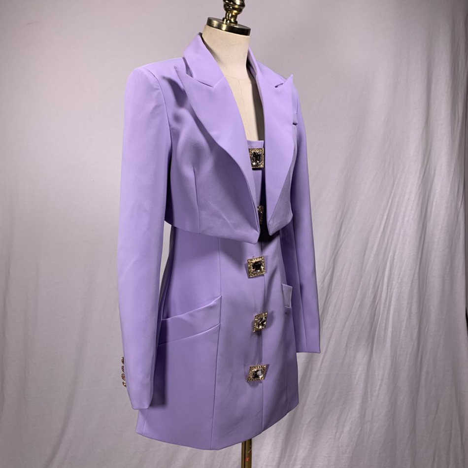 Elegant Two Piece Set For Women Lapel Long Sleeve Short Tops Square Collar Patchwork Diamond Vest Dress Casual Sets 210527