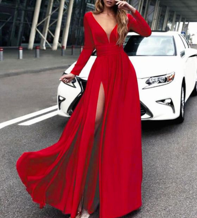 Sexy Side Split Long Women Prom Party Dresses Full Sleeve Deep V-Neck Floor Length Cheap Chiffon Special Occasion Gowns Plus Size