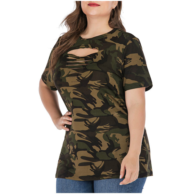 Plus Size Ripped Hollow Out Camouflage Printing Tees 3XL 4XL Women Summer Streetwear Lace Up Short Sleeve T-Shirts Tops 210306