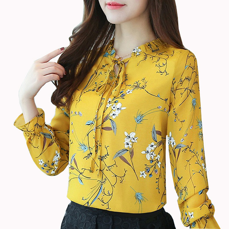 Women Spring Autumn Chiffon Blouses Tops Chiffon Blouses Shirts Ladies Floral Print Blouse Femme Long Sleeve Plus Size Blusas 90 210225