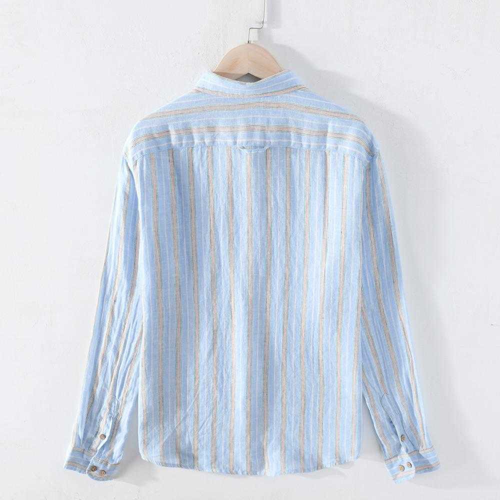 100% Pure Linen Long Sleeve Shirts for Men Vertical Striped Breathable Turn-down Collar Tops Male Fashion Casual Hemp Shirt 210601