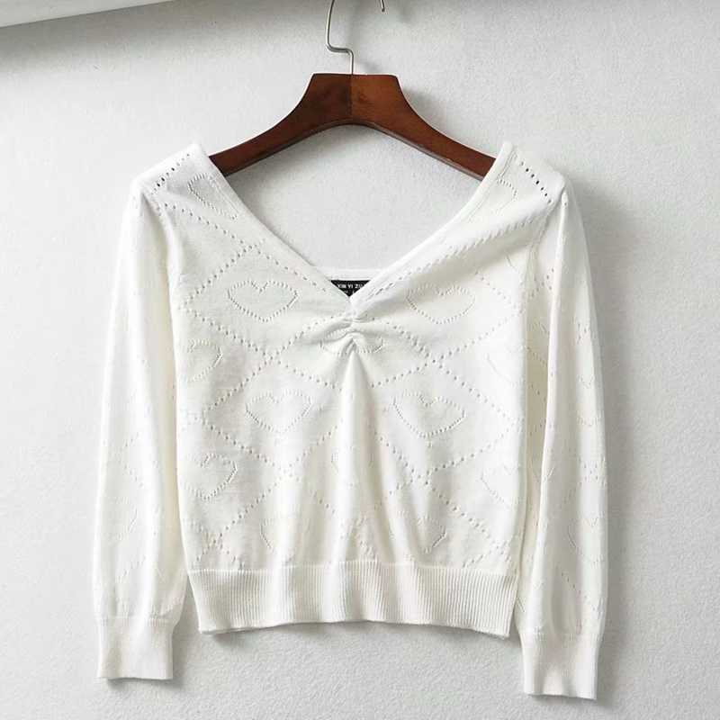 Sexy vintage V-neck folds pink peach heart hollow knit sweaters slim thin 3/4 sleeve short crop tops pullover jumpers for woman 210918