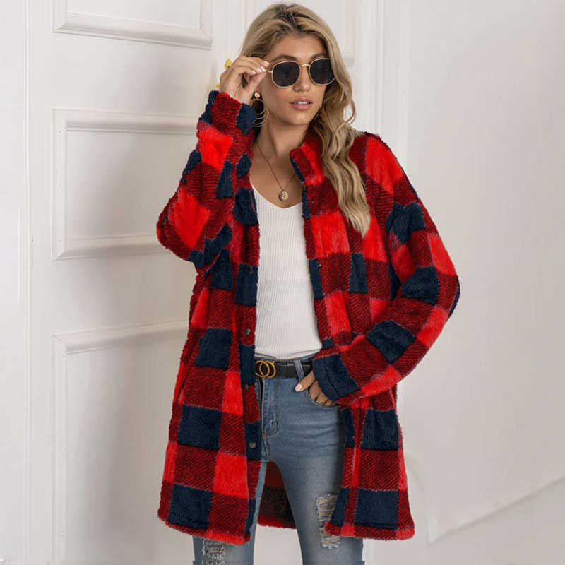 Autumn Long Faux Fur Coat Women Plaid Jacket Winter Coat Women Long Sleeve Fluffy Teddy Jacket Ladies Warm Plush Jacket Female 211019