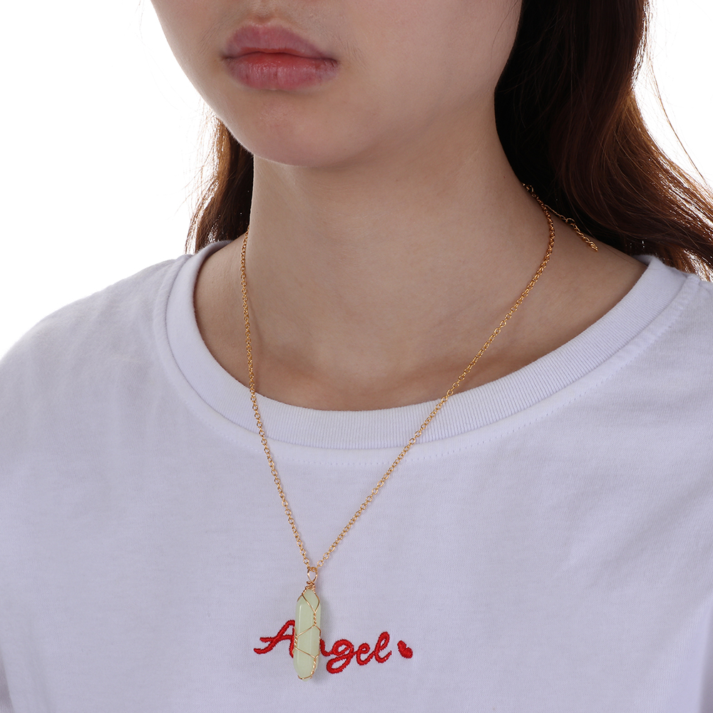 Hexagonal Cylindrical Crystal Necklace Glow In The Dark Luminous Wire Wrap Stone Pendant Necklace Jewelry Gift for Women Men