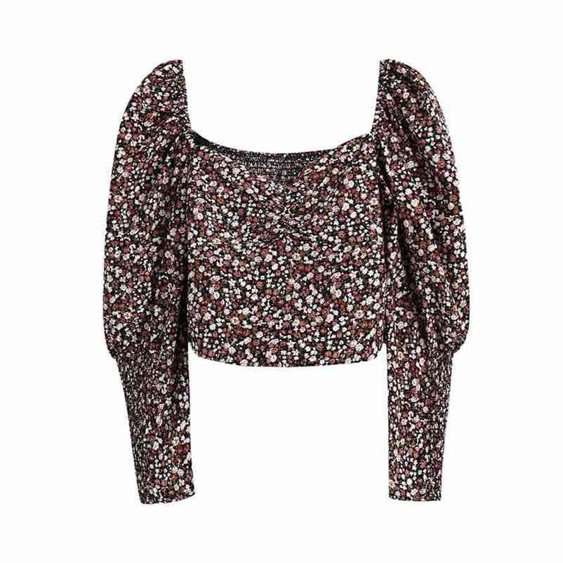 Vintage Women Floral Print Shirts Fashion Ladies Chiffon V-Neck Tops Streetwear Female Chic Puff Sleeve Blouses 210527