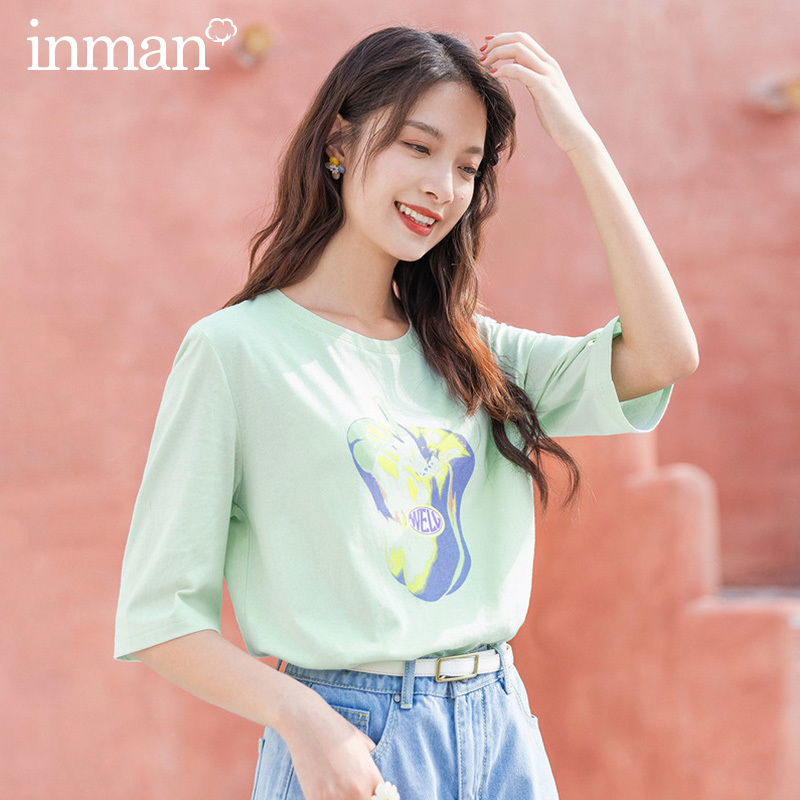 INMAN Summer New Arrival Cotton Literary Fruit Print Loose Casual Fashion Half Sleeve Tshirt T200614
