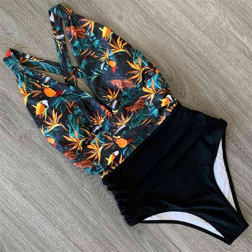 Sexy Swimsuit Female Floral Women Swimwear Push Up Bathing Suits Bodysuits Beach wear Deep V-neck Ruffle Monokini 210611
