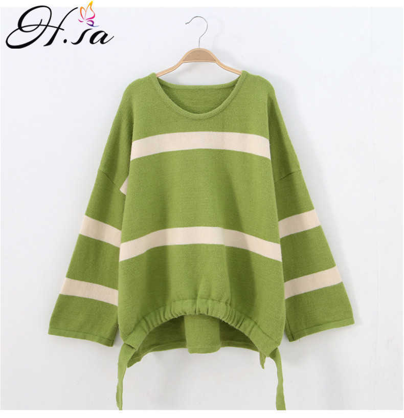 H.SA Women Pullover Sweaters Flare Sleeve Green Knit Pull Jumpers Striped Colorful Knitwear Sweater Fall Korean sueter feminino 210716