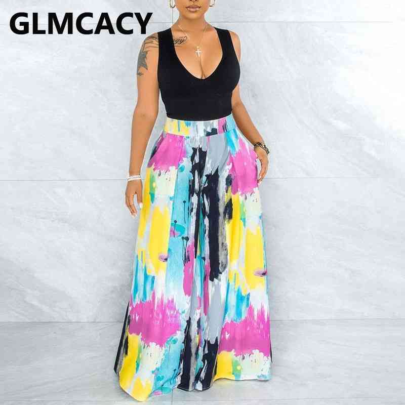 Women Printed High Waist Flare Wide Leg Pants 210702