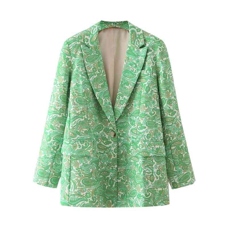fashion girl floral print blazer office ladies pocket jackets casual female full sleeve suits green women chic sets 210527