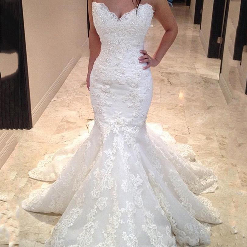 Custom Vintage Strapless Lace Mermaid Wedding Dresses with Beaded Appliques Sweep Train Tulle Plus Size Wedding Bridal Gowns, White
Custom Vintage Strapless Lace Mermaid Wedding Dresses with Beaded Appliques Sweep Train Tulle Plus Size Wedding Bridal Gowns, White