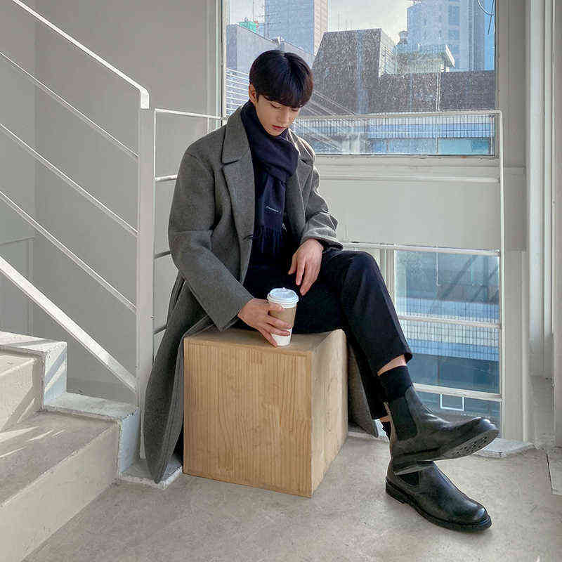 IEFB Korean Winter Woolen Overcoat Men's Long Style Trend Handsome Over Knee Thickening Medium Length Grey Coat With Belt 9Y8465 211122