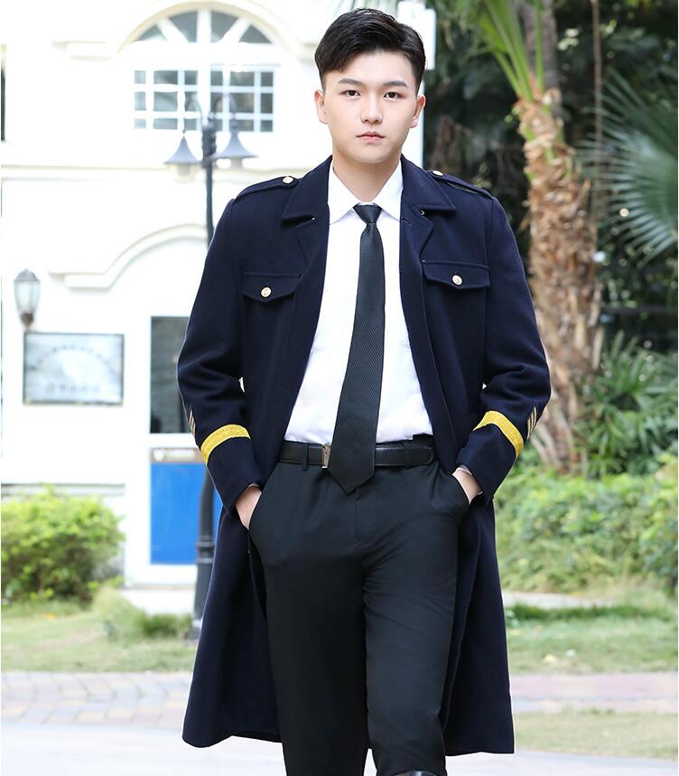 Men's Wool & Blends Airline captain woolen Overcoat male pilot thick property security winter clothing wool annual meeting performance Trench Coa