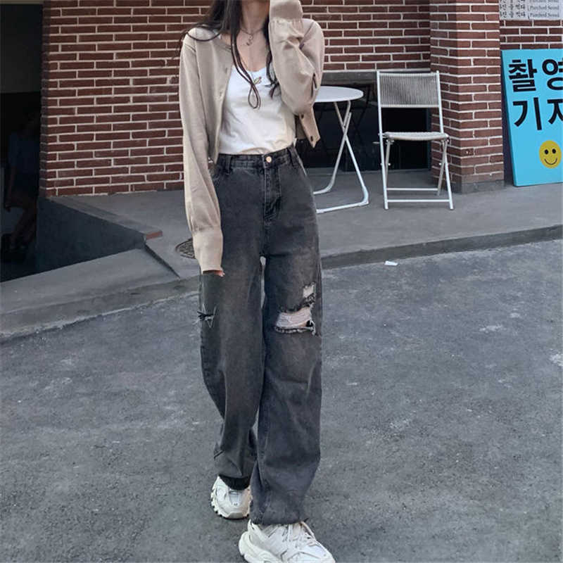 Black Ripped Hole WideLeg Jeans High Street Korean Trendy Denim Women'S Pants Loose Waist Streetwear StraightLeg Trousers 210922
