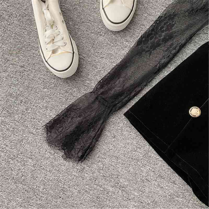 Joinyouth Two Piece Outfits Lace Tulle Pullover Flare Sleeve Shorts Gold Velvet Button Solid Fashion Clothes Female 231 210707
