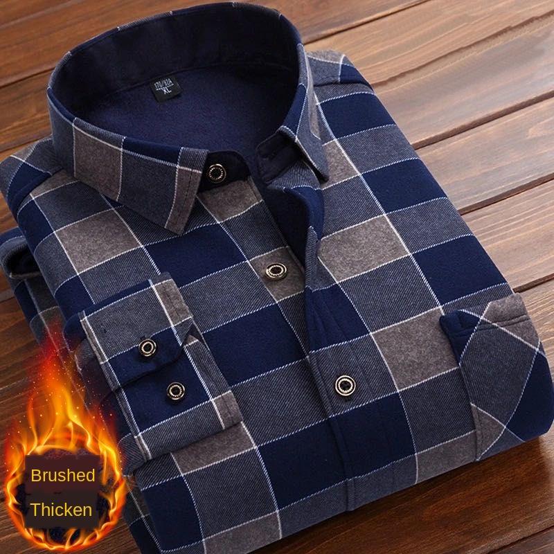 Men's Casual Shirts Autumn Winter Thick Velvet Dress Shirt For Men Long Sleeve Warm Fleece Lining Fashion Soft Flannel 4XL 5XL
