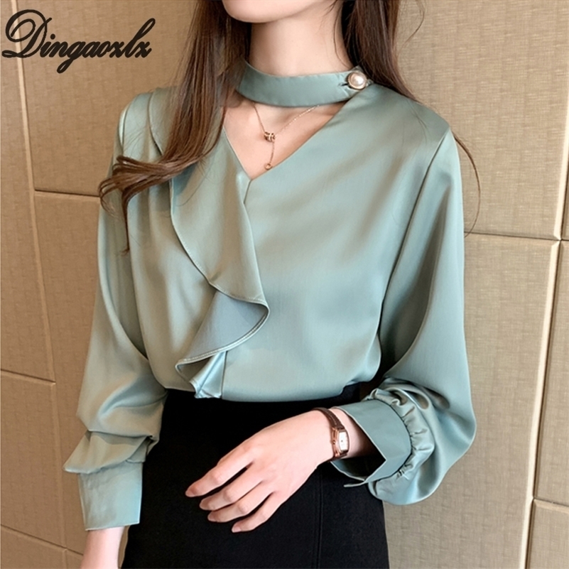 Dingaozlz Female Long sleeve Office lady Tops Spring New Korean Fashion Women blouse Satin White shirt 210225