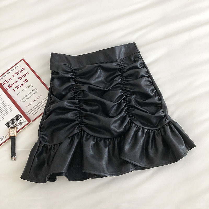 Sweet Pleated Ruffles Small Leather Skirt Womens Autumn Korean High Waist A Shaped Hip Skirt for women Culottes Vintage 210306