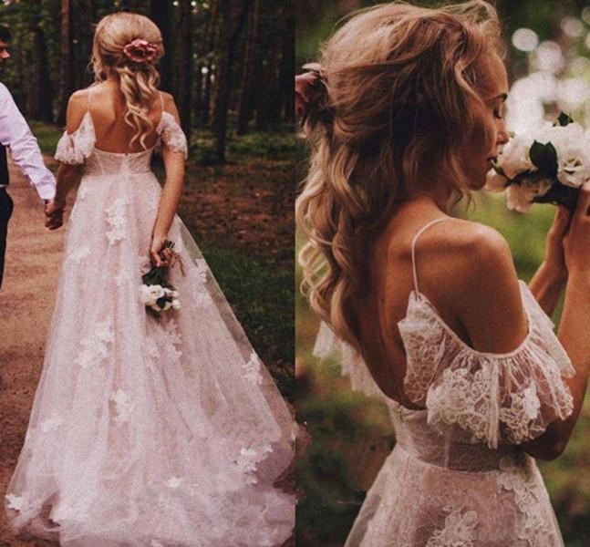 Country Dresses Lace Off the Shoulder Spaghetti Straps Custom Made Sweep Train Beach Wedding Gown Plus Size Vestidos De Novia