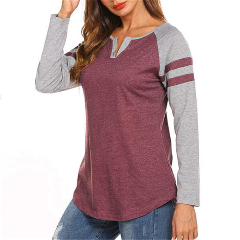 Women's Raglan Long Sleeve T-Shirt Fashion Striped Patchwork Design Curved Hem Loose Fit Henley V Neck Baseball Tee Shirt Tops X0628