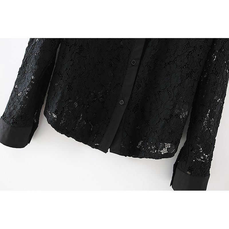 Elegant Women Black Hollow Out Shirts Fashion Ladies Floral Lace Tops Sweet Female Chic Slim Turn Down Collar Shirt 210527