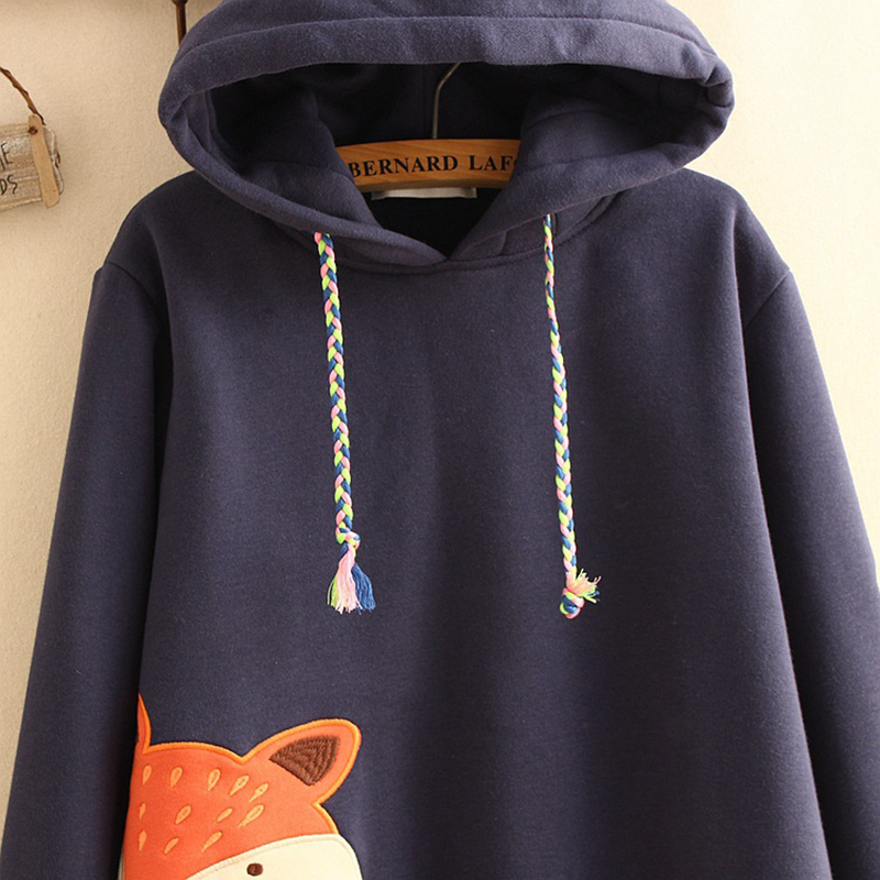 Autumn Cute Fox Embroidered Hooded Sweatshirt Women Clothing Pullovers Plus Velvet Patchwork Female Sweet Thick Warm Hoodies 201126