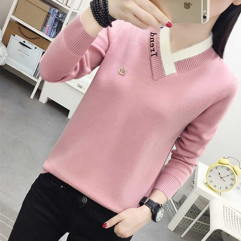 Plus thick V-Neck slim sweater women letter fashion lettter print knitted pullover winter warm patchwork skinny tops female 210918