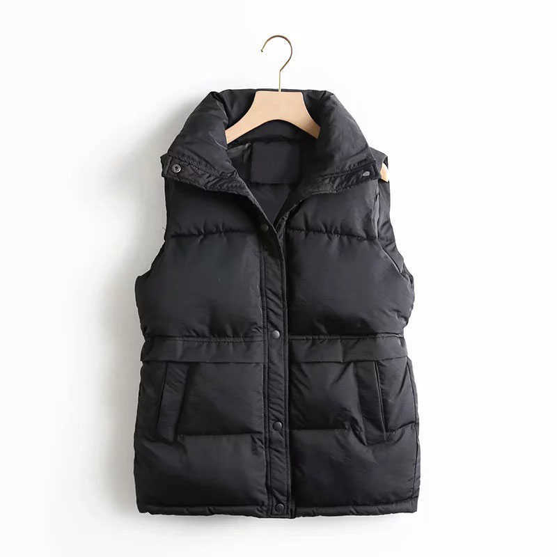 Autumn Winter Women Down Jacket Solid Loose Stand Collar Vest Windproof Warm Waistcoat Parka Ladies Button Chic Coat 211018