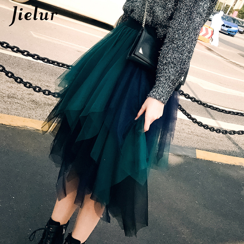 Jielur Tulle Skirt Spell Color Elastic High Waist Skirts Womens Dance Tutu Skirts Irregular Skirt Lolita Petticoat Midi Rokken 210309