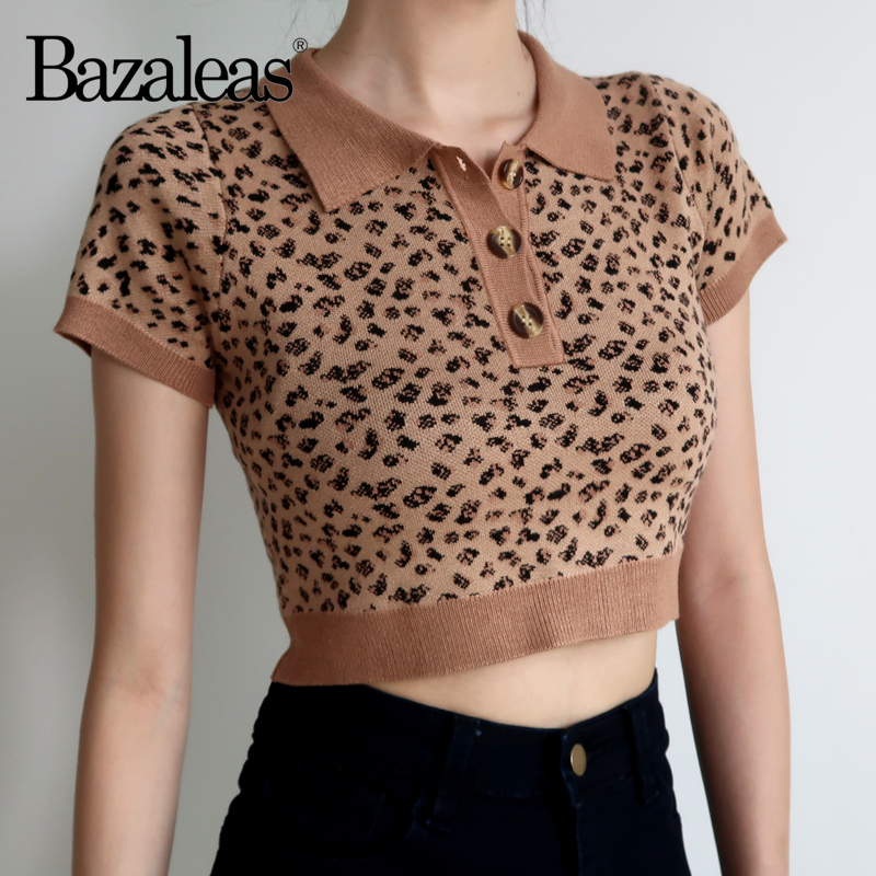 Bazaleas Fashion Knitted Crop top Vintage Cropped tshirt women Retro Leopard Women Tshirt harajuku Tee Drop shipping T200110