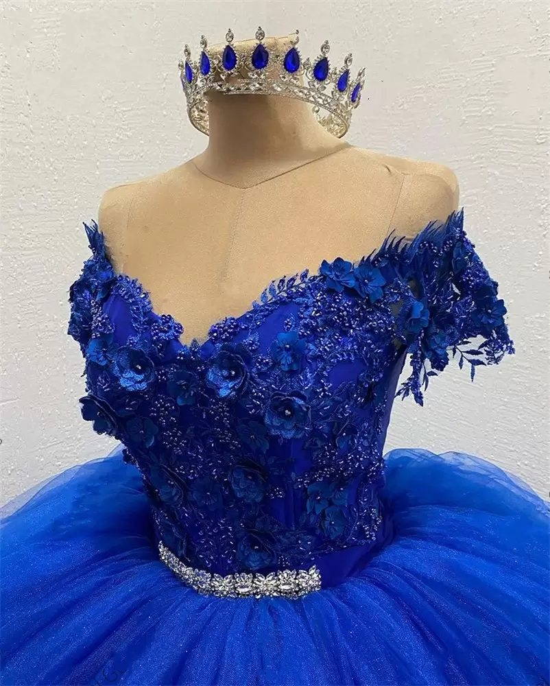 Royal Blue Quinceanera Dree Beaded Crytal D Ral Lace Applique Off The Shoulder Cap Sleeve Cutom Made Sweet Prince Prom Pageant Ball Gown