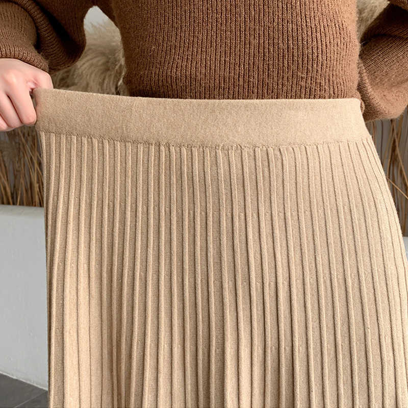 Winter Thickened Rib Knitted Large Swing Maxi Long Skirts Elegant Solid A-line Pleated Ankle Length Knit Coffree Beige 210621