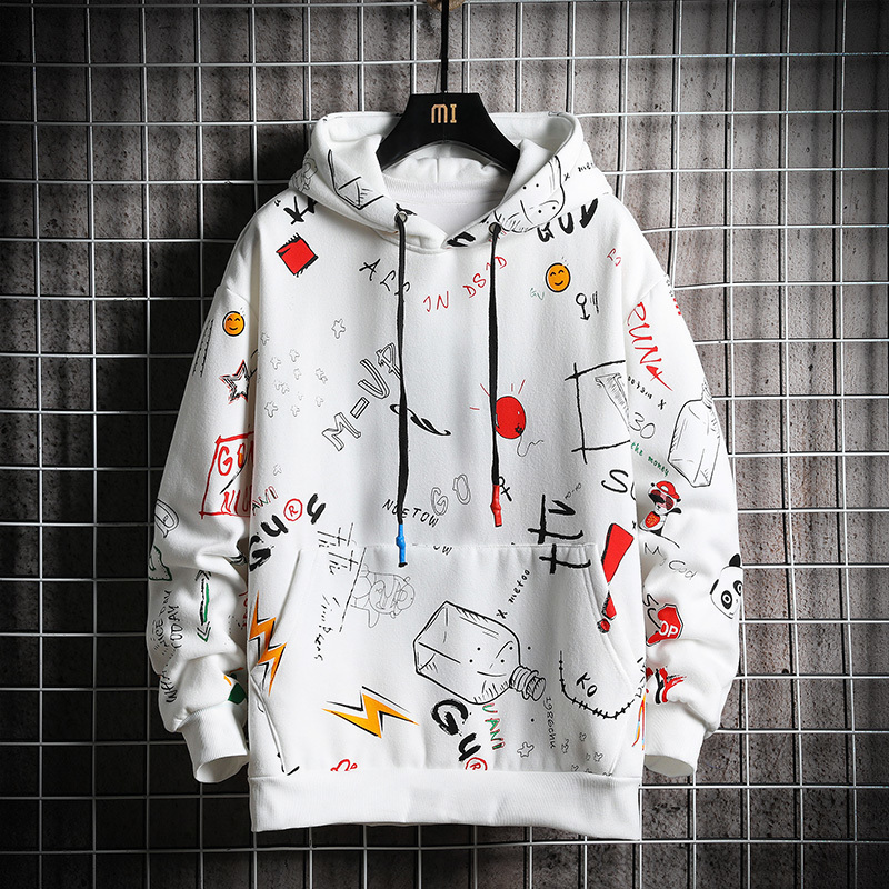 Spring Men Anime Graffiti Sweatshirt Male Hip Hop Harajuku Japanese Streetwear Yellow Hoodie Men Clothing M-5XL 201126