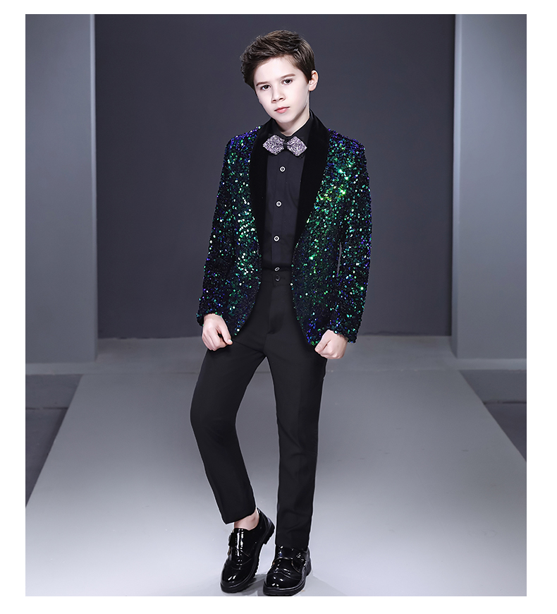 Fashion Ring Bearer Boy's Formal Wear Tuxedos Shawl Lapel One Button Children Attire For Wedding Party Kids Suit Set Sparkling Sequins Jacket +Bl